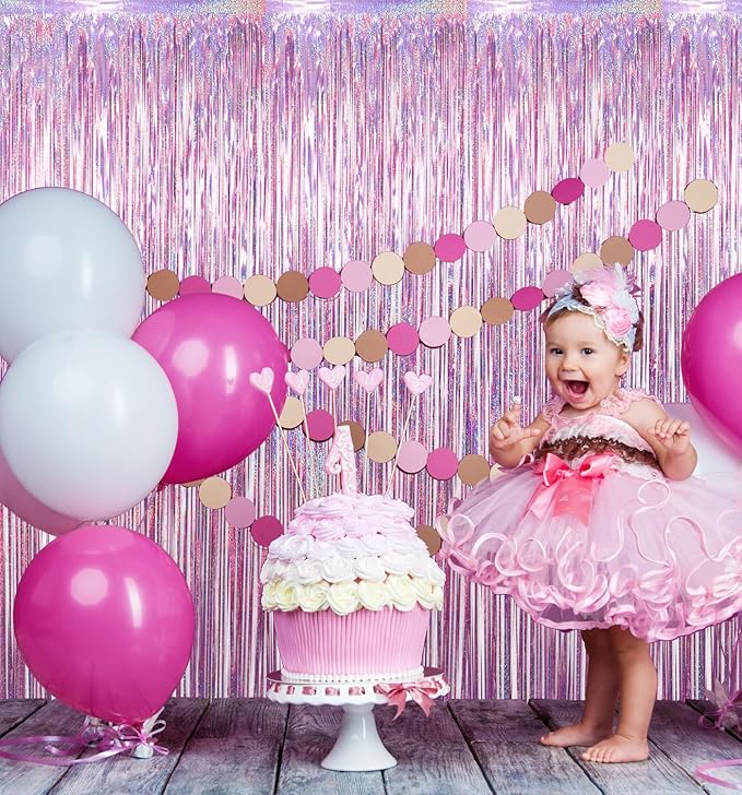 GOER 3.2 ft x 9.8 ft Metallic Tinsel Foil Fringe Curtains Party Photo Backdrop Party Streamers for Birthday,Graduation,New Year Eve Decorations Wedding Decor(5 Packs,Laser Pink)