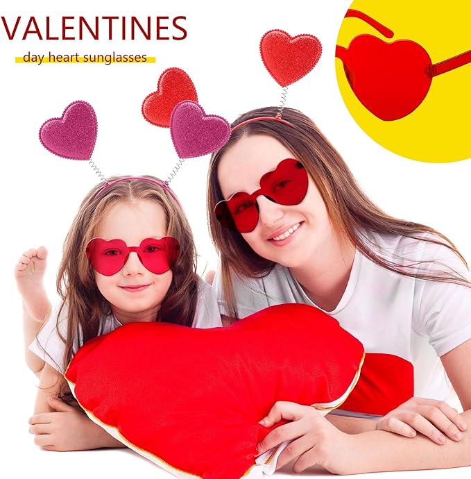 18 Pack Valentine's Day Glitter Heart Headband and Heart Shaped Sunglasses for Valentine's Day Wedding Party Supplies