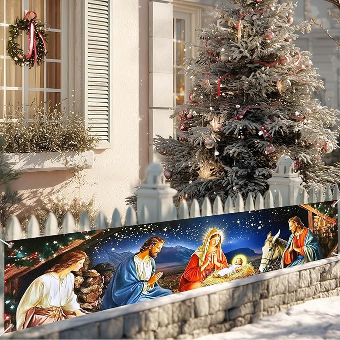 Nativity Scene Decorations Banner Polyester Fabric Holy Family Manger Design for Indoor Outdoor Garden Fence Banner Party Outdoor Porch sign 118x20 Inch Supplies Banners