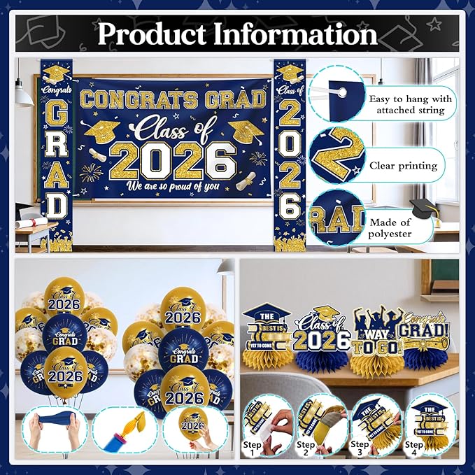 Navy Blue and Gold Graduation Decorations 2026 Set, All-in-1 Kit with Congrats Grad Banner Class of 2026 Backdrop Porch Sign Balloons Centerpieces Card Box Pom Poms Streamers for College High School