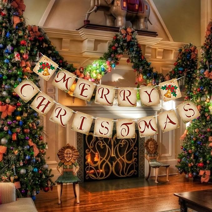 Vintage Merry Christmas Banner Decorations - Retro Nostalgic Traditional Old Fashioned Victorian Xmas Bunting Garland for Indoor/Outdoor Party Supplies, Home, Office, Classroom, Fireplace and More