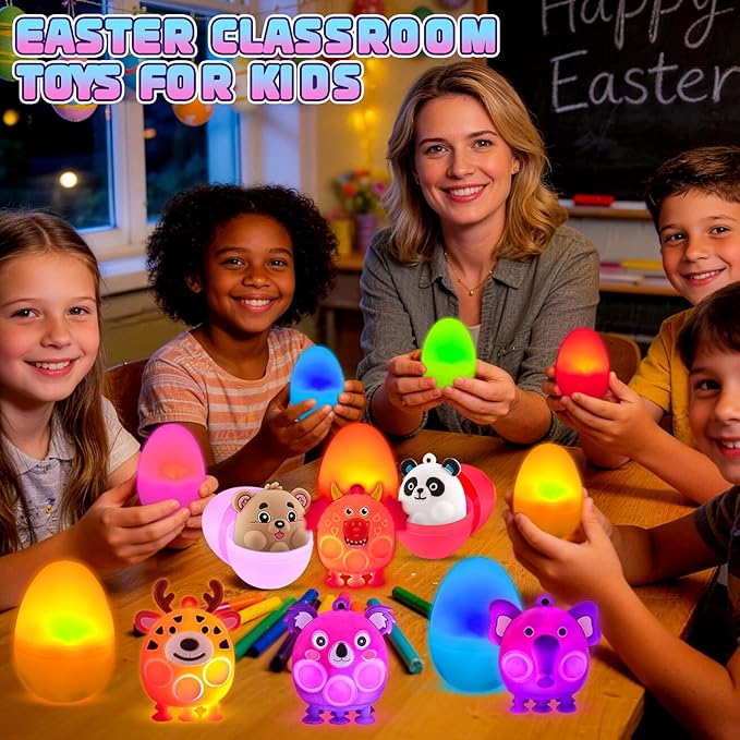 Prefilled Easter Eggs with Light Up 3D Animal Pop Toys, 24 Pack Easter Eggs Filled, Easter Basket Stuffers for Toddler Eggs Hunt, Glow in The Dark Easter Egg, Easter Gifts for Kids