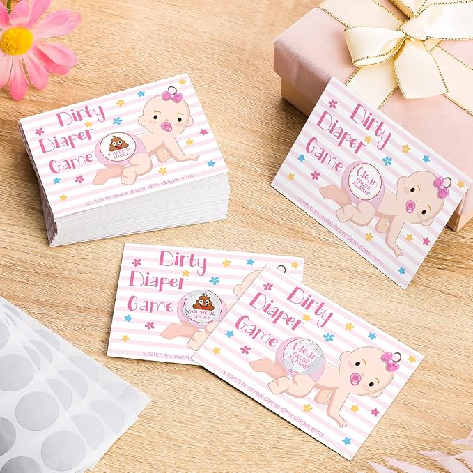 Geyee 60 Pieces Baby Shower Scratch off Game Funny Raffle Cards Baby Shower Party Games Decorations Cute Activity for Activity and Idea for Boy Girl(Pink)