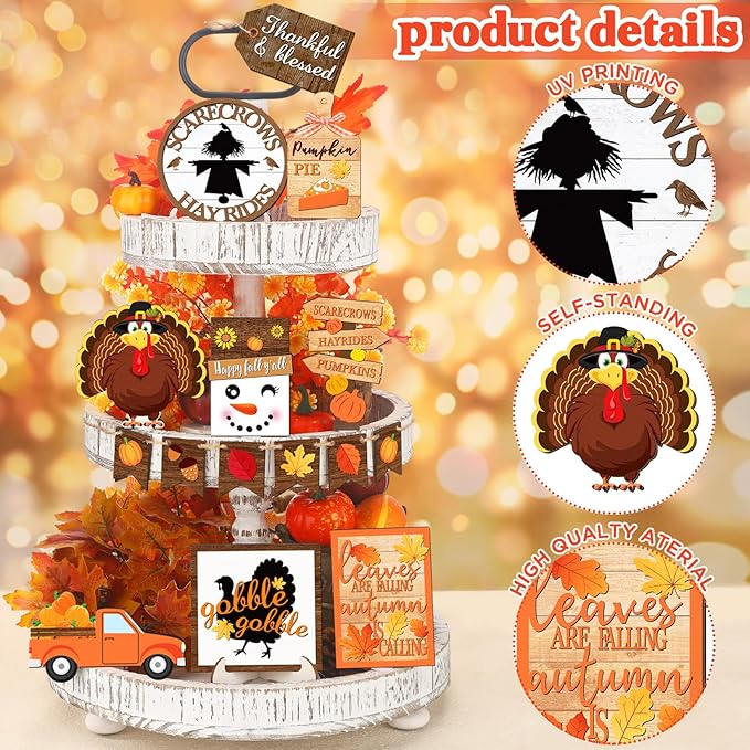 15 Pcs Thanksgiving Tiered Tray Decorations Set Thanksgiving Fall Pumpkin Turkey Home Decorations Rustic Farmhouse Truck Wooden Sign Spice Blocks Autumn Wooden Sign for Gift Tabletop