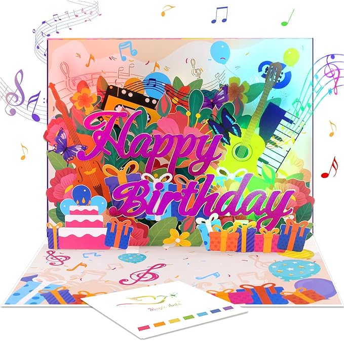Musical Birthday Pop Up Card with Lights Sound, 3D Guitars Violins Happy Birthday Greeting Card - Plays 'Happy Birthday' Song, Auto LED Light Up, Includes Envelope Blank Note - Gift for Musicians and Music Lover