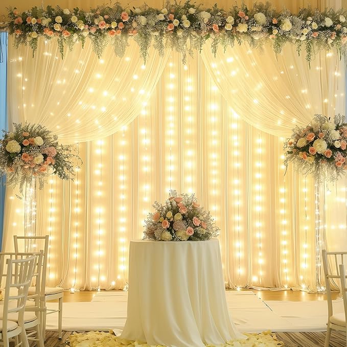 10x10FT Beige Wrinkle Free Backdrop Curtains with Lights String for Parties - Photo Curtain Backdrop with Lights for Wedding Decorations, Bridal Baby Shower Birthday Party Photography Background