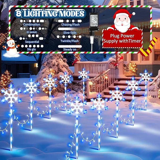 10 Pcs Christmas Snowflake Pathway Stake Lights for Outdoor Yard, 370 Bright LEDs Waterproof Large Christmas Snowflake Light Decoration for Garden Lawn Driveway Walkway Decor (Blue White)