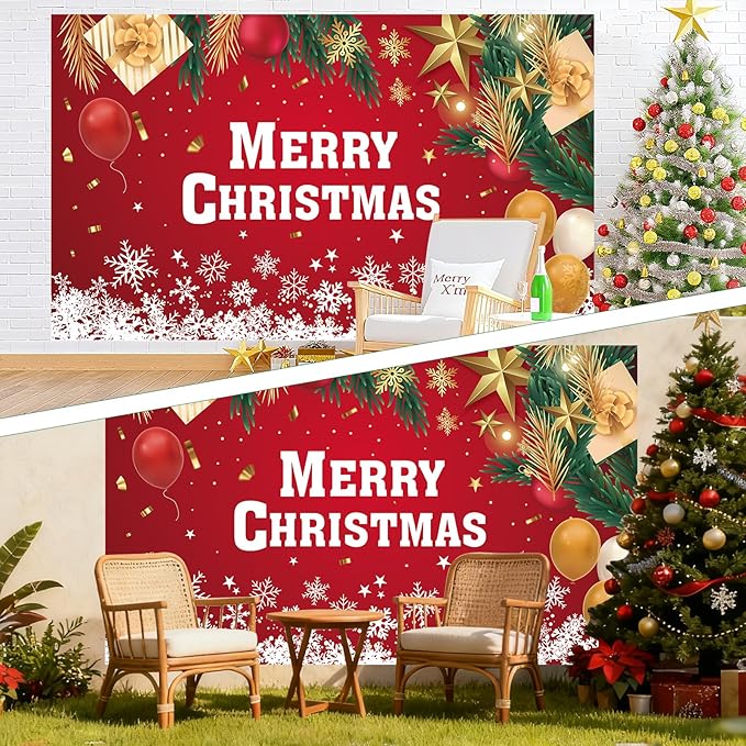 Christmas Party Decorations Set, Red Green Christma Balloon Arch, Merry Christmas Backdrop Banner Xmas Hanging Swirls Tablecloths for Xmas Party Indoor Outdoor Decorations Supplies