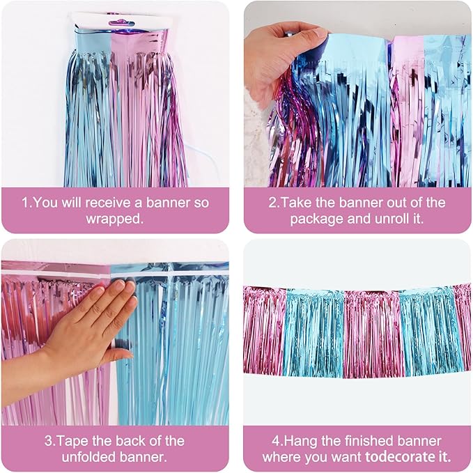 BEISHIDA 3 Packs Metallic Foil Fringe Garland Pink Light Blue Wall Hanging Tinsel Fringe Banners for Car Floats Bridal Shower Wedding Birthday Graduation Holiday Party Decoration(30 Feet)