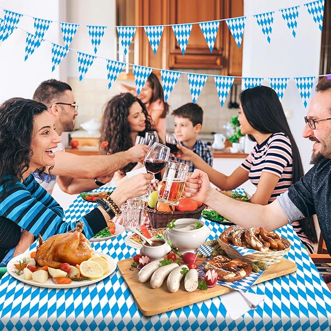 AhfuLife Oktoberfest Tablecloth, 2 Pcs Oktoberfest Tablecover 54" x 108" Bavarian Blue White Diamond Checks Disposable Tablecloth for Oktoberfest Party Picnic Tablecloth Autumn Decorations