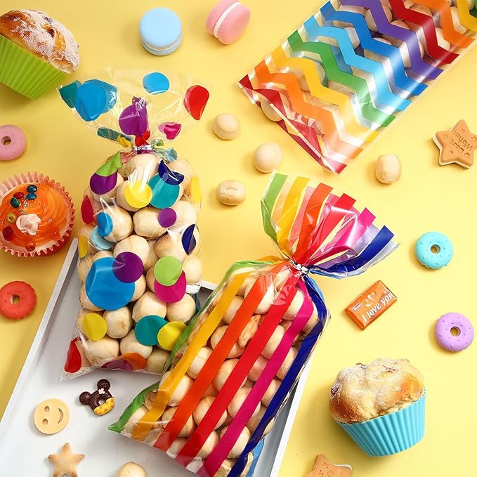 105 Pcs Rainbow Cellophane Treat Bags Bulk Rainbow Party Favor Goodie Gift Bags with Twist Ties for Candy Cookie Birthday Classroom Wedding Anniversary Baby Shower Party Supplies