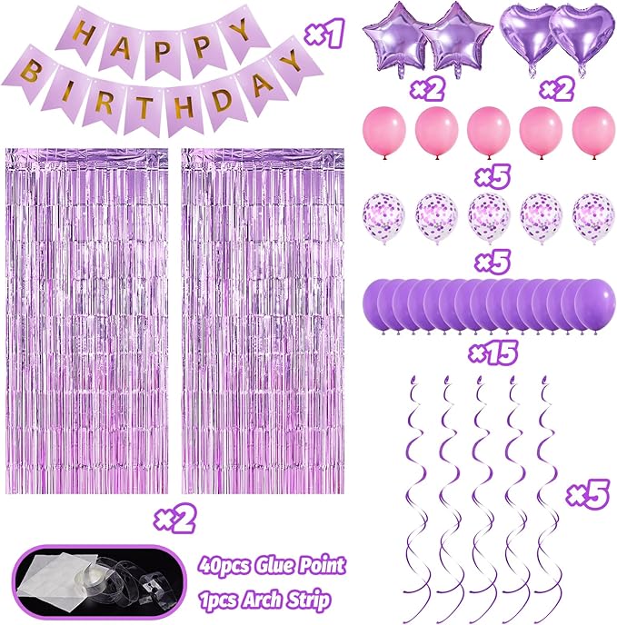 Pink Purple Birthday Decorations, Bday Party Supplies for Women Girls Princess with Happy Birthday Banner, Confetti Balloons, Fringe Curtain, Heart Star Foil Balloons, Hanging Swirls
