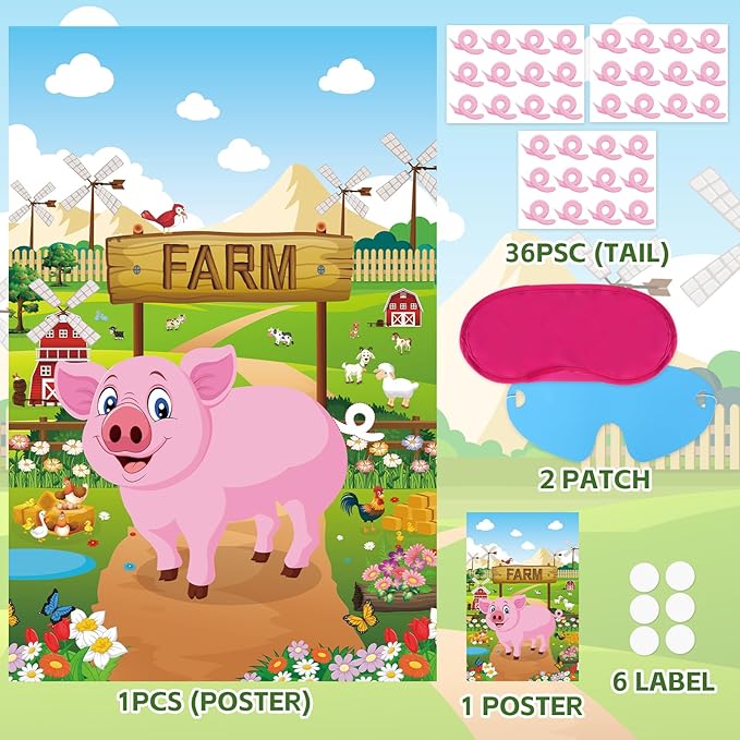 Hooqict Pin The Tail on The Pig Party Game Farm Birthday Party Games for Kids Farm Animal Party Decorations Pig Party Supplies, Large Pin The Tail Game Poster with 36 Tail Stickers