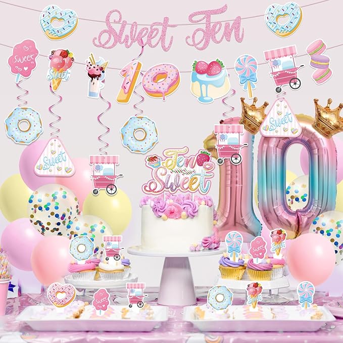 Sweet Ten Birthday Decorations- 10th Birthday Decorations For Girl With Happy 10th Birthday Banner Sweet Ten Cake Topper 10th Foil Balloon For 10th Donut Themed Party Decor Gifts For Teenage