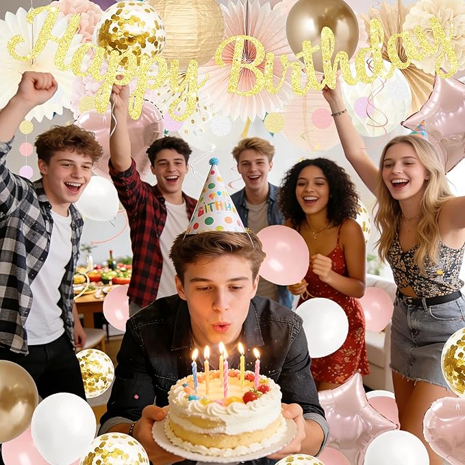 Birthday Decorations for Women, Boho Champagne-Beige 42pcs Balloon Garland with Hearts & Stars, Happy Birthday Banner, Peach Paper Lanterns & Tissue Pom Poms– decoración de cumpleaños para mujer