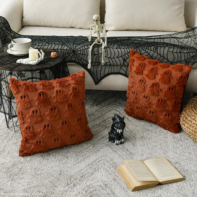 AVOIN colorlife Halloween Ghost Caramel Throw Pillow Cover Set of 2, 18 x 18 Inch Soft Plush Faux Fur Jacquard Spooky Cushion Case Decoration for Sofa Couch