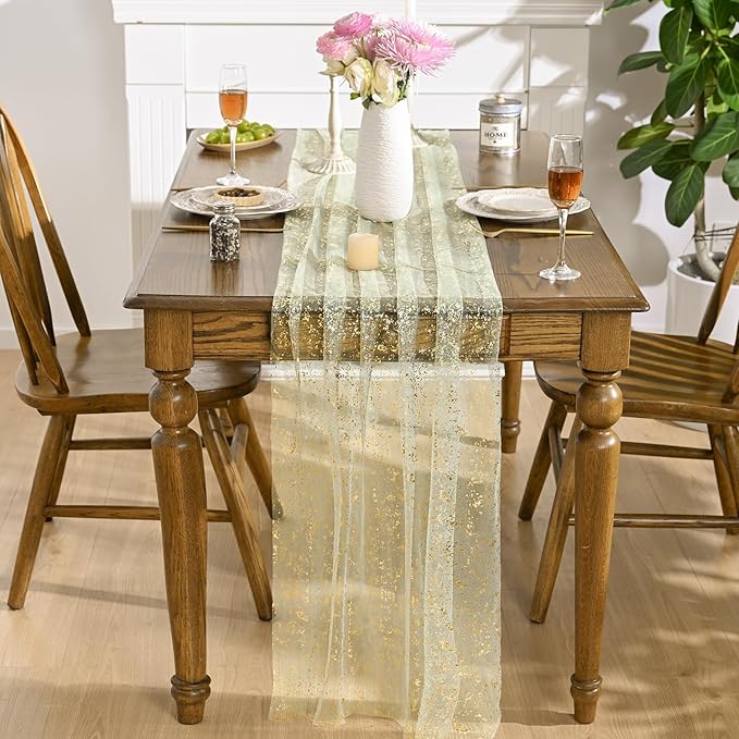 Artoid Mode 6PCS Sage Green Gold Gauze Table Runner 120 Inch 10FT, Glitter Metallic Foil Sheer Dining Wedding Anniversary Holiday Birthday Table Decor for Home Party