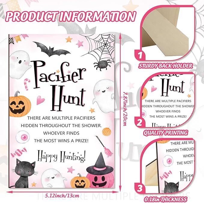 Whaline 51 Pcs Halloween Pacifier Hunt Baby Shower Game Include Wooden Sign 50 Pink Plastic Pacifier for Gender Reveal Party Favor Gift Supplies