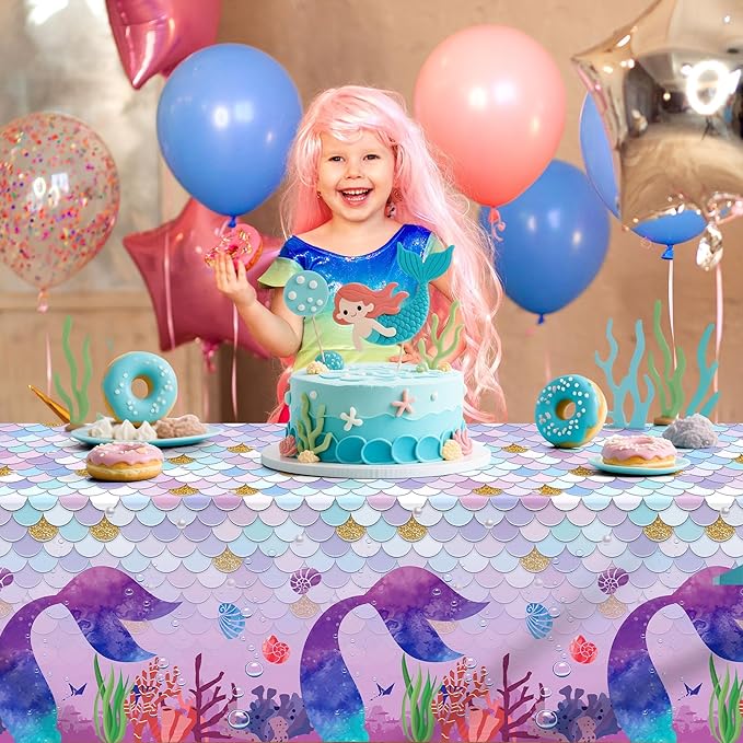 Kochorie 2 Pieces Mermaid Party Tablecloth Plastic Mermaid Party Supplies Disposable Rectangle Tablecloths for Under The Sea Ocean Themed Birthday Parties Decorations Supplies