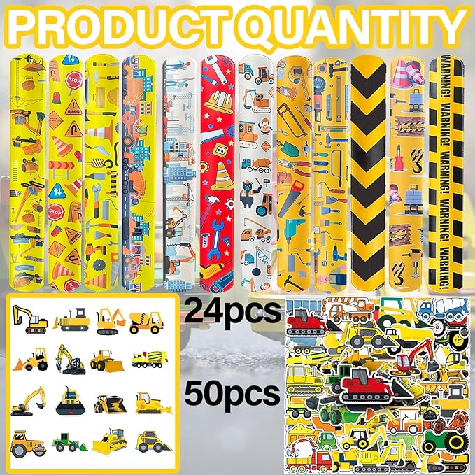 74Pcs Engineering Vehicle Theme Party Favors Contain 24 Pcs Engineering Vehicle Slap Bracelets 50Pcs Engineering Stickers, Birthday Party Decorations,Classroom Rewards Supplies.