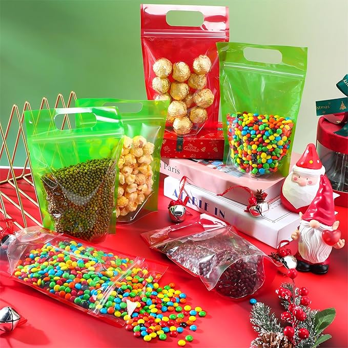 120 Pcs Plastic Gift Bag Bulk Resealable Party Goodie Bag with Clear Window Color Favor Pouch with Handle for Home Birthday Wedding Party Candy Gift Wrap Supplies(Mixed,5.5 x 8.7 Inch)