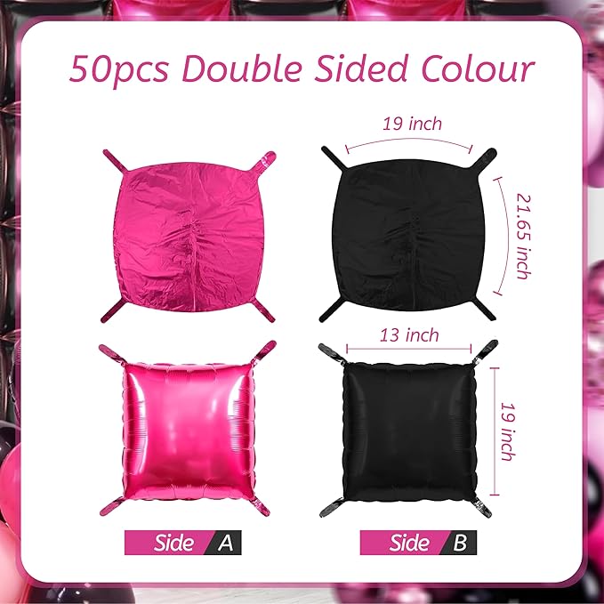 50PCS Hot Pink and Black Square Foil Balloon Wall, 19'' Reusable DIY Mylar Double Side Balloons Garland Tunnel Arch Kit for Anniversary Baby Shower Bachelorette Birthday Engagement Bridal Decor