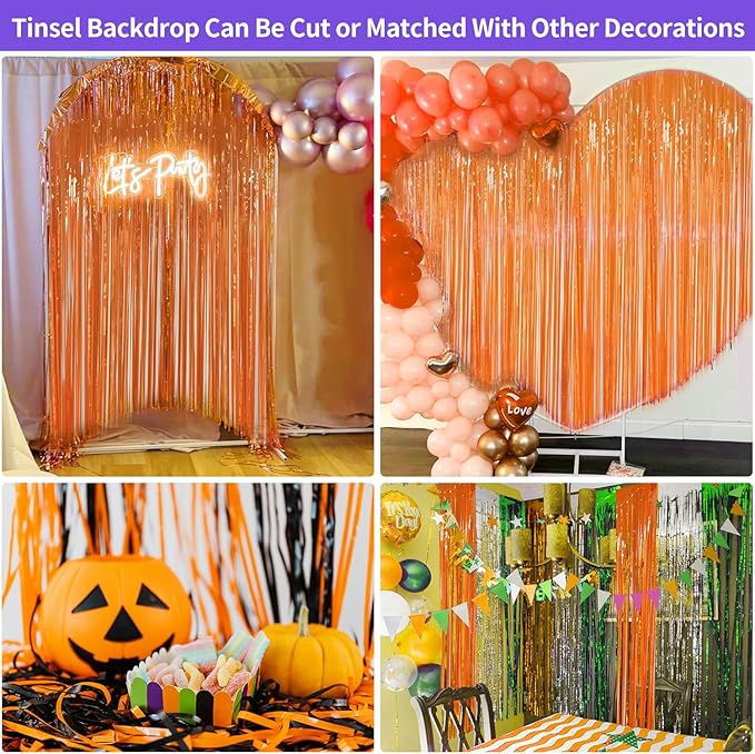 Thanksgiving Decorations Orange Streamers Fringe Backdrop 3.3x8.2ft, 2 Pack Foil Fringe Curtains for Basketball Birthday Party Decorations, Wall Door Decor Tinsel Backdrop for Halloween Bachelorette