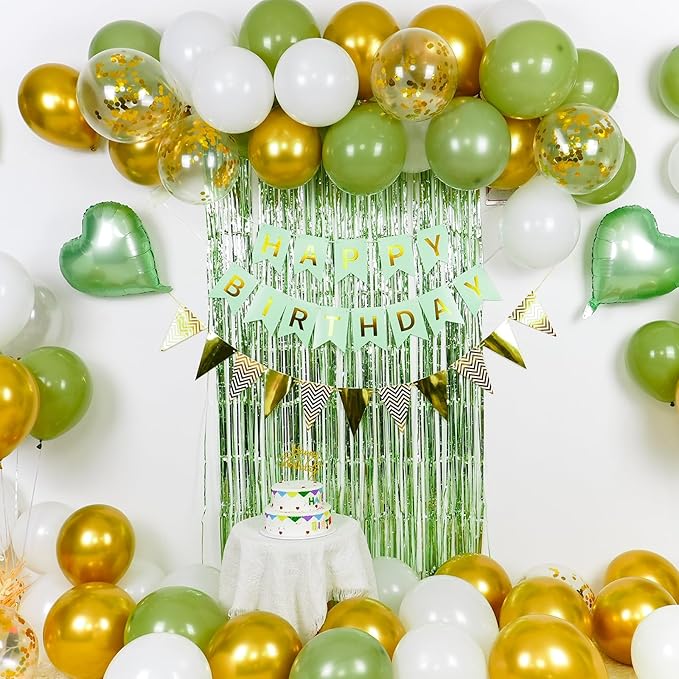 Sage Green Birthday Decorations - Party Decorations with Green, Gold, White Balloon Heart Foil Balloons, Olive Happy Birthday Banner Fringe Curtain for Women, Girls, Boys, Men, Adults