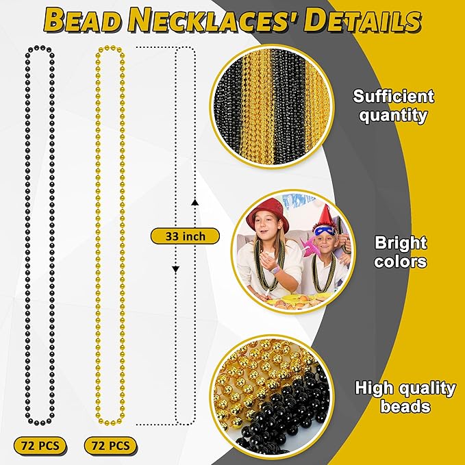 120PCS Black Gold Beads, New Years Eve Graduations Party Supplies, 33" Festival Black Gold Beaded Necklace Accessories Bulk, New Years Graduations Mardi Gras Parade Throw Accessories