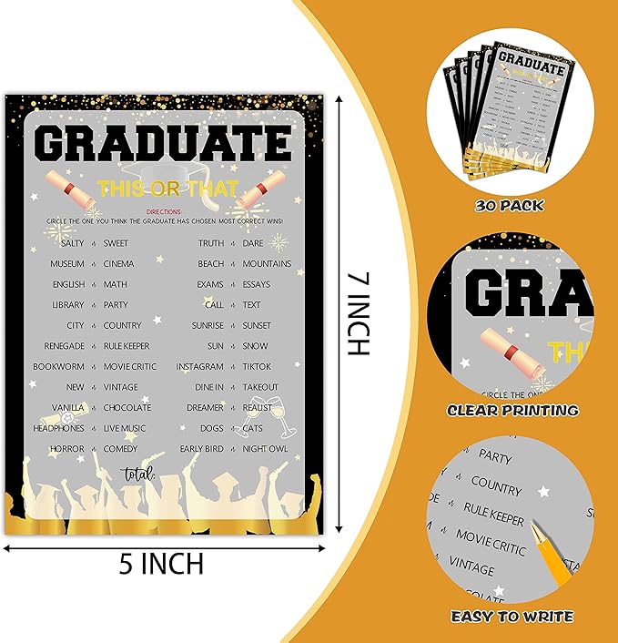 Graduation Party Games - This Or That Game Cards for The Graduate - Graduation Party Decorations 2024 - Gold & Black Grad Celebrations Party Supplies for High School/College - 30 Game Cards(F03)