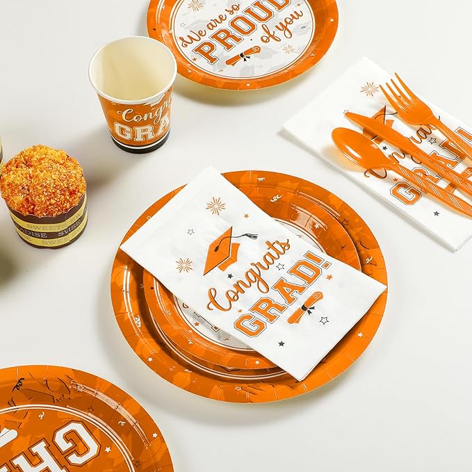 Graduation Party Supplies Congrats Grad Plates and Napkins Set Disposable Tableware Paper Plates Napkins Cups Knives Spoons Forks Straw for Class of 2025 Graduation Party Decorations Serve100 (Orange)