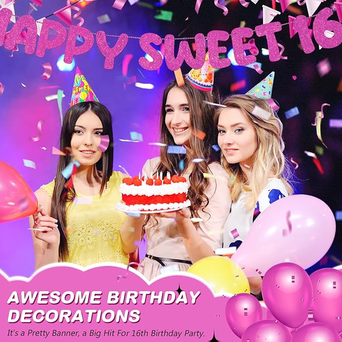Fulmoon Pre Strung Happy Sweet 16 Banner Glitter Sixteenth Birthday Party Decorations 16th Party Sign Sweet 16 Party Decorations for Birthday Party Bachelorette Party(Hot Pink)