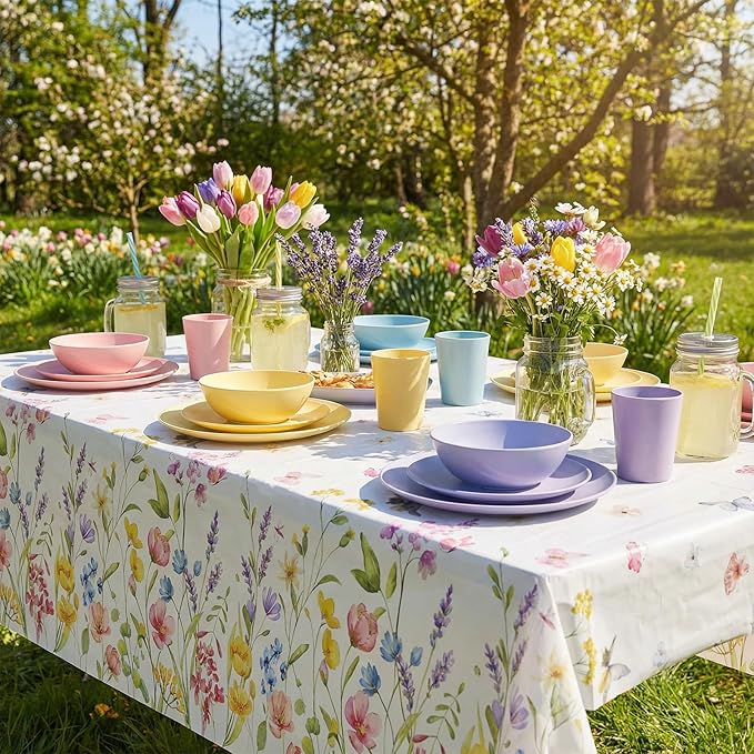 3 Pack Wildflower Plastic Tablecloths, 54 X 108Inch Spring Tablecloth Disposable Tea Party Table Cloth, Butterfly Wildflower Porcelain Tables Decor for Mother's Day Birthday Garden Wedding Party