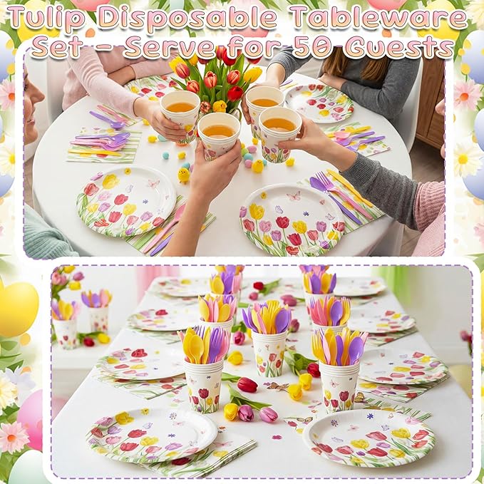 Havawish 350 Pcs Spring Floral Party Supplies Tulip Disposable Tableware Set Wild Flowers Butterflies Oval Paper Plates Cups Napkins Fork Knife Spoon Dinnerware for 50 Guests Spring Table Decorations