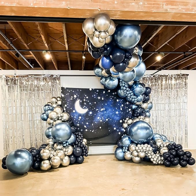 Blue and Silver Balloon Arch Kit, Navy Blue Dark Blue Silver Balloon Garland with Metallic Royal Light Blue Silver Confetti Latex Balloons for Boys Birthday Wedding Graduation Party Decorations