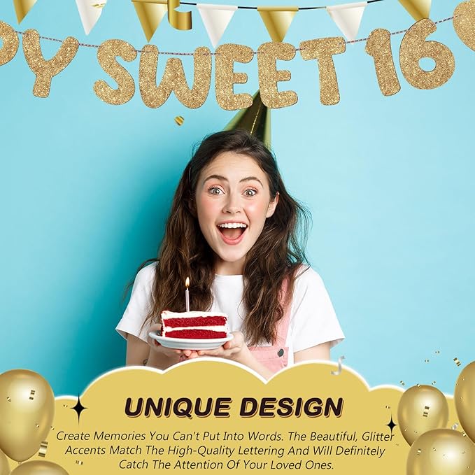 Fulmoon Pre Strung Happy Sweet 16 Banner Glitter Sixteenth Birthday Party Decorations 16th Party Sign Sweet 16 Party Decorations for Birthday Party Bachelorette Party(Champagne Gold)