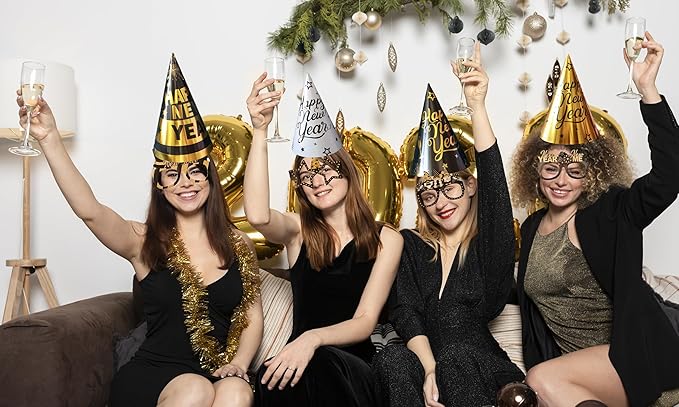 Ansoufien 2026 New Year Party Supplies 48PCS – New Years Eve Party Supplies Set with Cone Hats, Headbands, Glasses, Noisemakers and Bead Necklaces – Happy New Year 2026 NYE Decorations