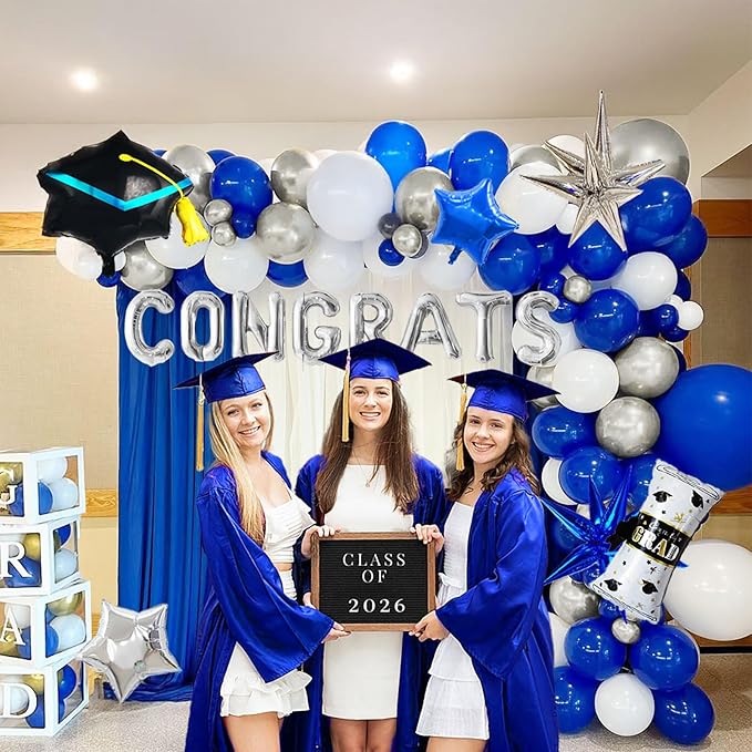 Royal blue Themed Graduation Balloon Garland Arch Kit with Foil caps diplomas congrats letters stars for class of 2026 Graduation party decorations Grad congratulations Prom party Grad ceremony decor