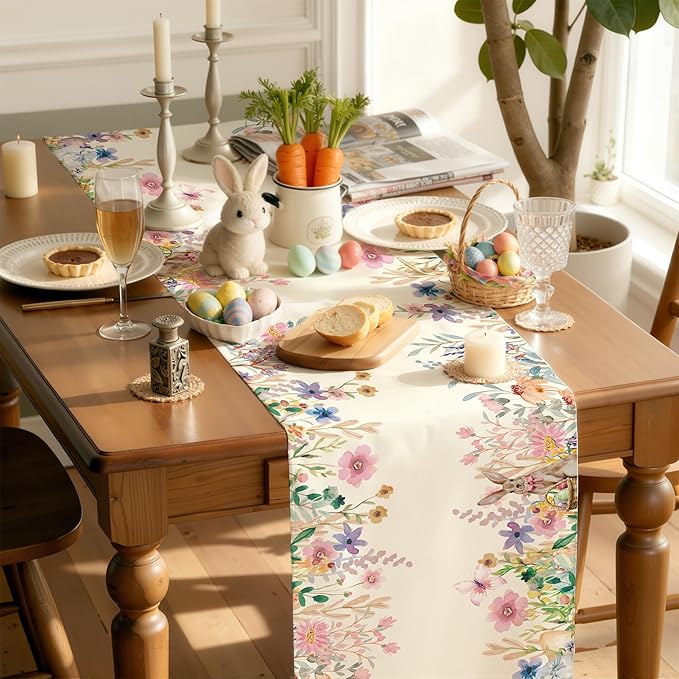 OHOME Easter Decorations - Egg Rabbit Table Runner | Easter Party Decorations Favors Supplies Indoor Outdoor - Spring Backdrop Banner Basket Stuffers for Kitchen Home Dining Table Decor