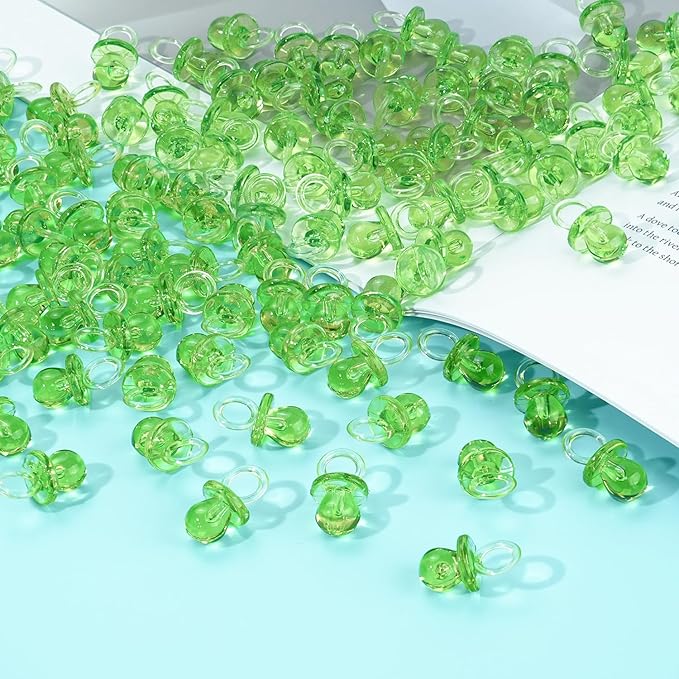 XINHUIDALSQ 150 Mini Acrylic Pacifiers for Baby Shower Girl Game, 0.86 Inch Bulk Chupones para Gender Reveal Party Favors Table Decoration (Green)