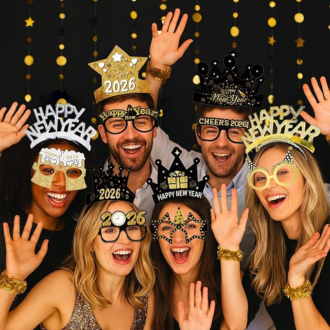New Years Eve Party Supplies 2026 – 63 PCS Celebration Kit with Headbands, Crown Hats, Glasses, Noise Makers, Photo Booth Props & Wristbands – Gold Silver Happy New Year Decorations