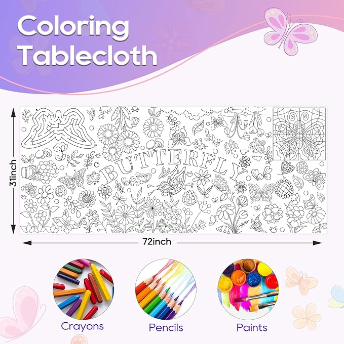Butterfly Coloring Poster, 31 x 72 Inch Giant Flower Garden Theme Paper Coloring Tablecloth, Nature Spring Coloring Activity Table Cover, Holiday Arts Crafts Party Table Decor Supplies