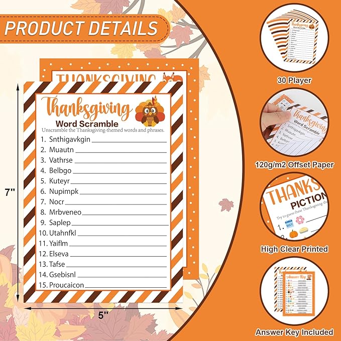 30 Players Thanksgiving Games for Family Party Adults Office Large Groups, Words Pictionary Game, Guesstures Games, Word Scramble Game Fall Classroom Activities with Answer Key (Thanksgiving A)