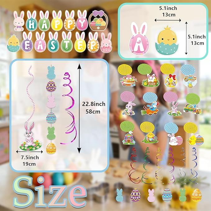 45 Pcs Happy Easter Banners Garland Easter Decorations for Office Home School Classroom Bunny Egg Hanging Decor Supplies for Egg Hunt Party Favors
