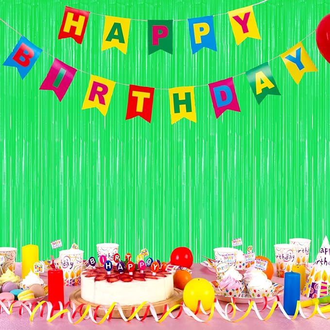 2 Pack Foil Fringe Backdrop - Fluorescent Green Shiny Tinsel Curtains for Party Decoration/Photo Booth Props - 3.3x6.6 FT Metallic Foil Backdrop for Birthday, Wedding, Graduation, Christmas.