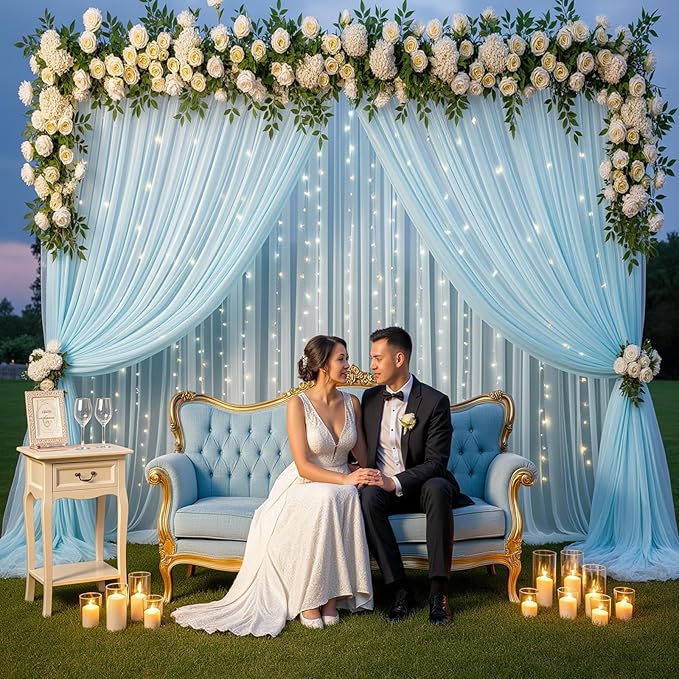 Baby Blue Backdrop Curtains for Baby Shower Decorations 10×8FT Tulle Backdrop Curtain with Lights for Boy Parties Elephant Birthday Party Photo Shoot Backdrop Background Decorations (2 Panels 4×10ft)