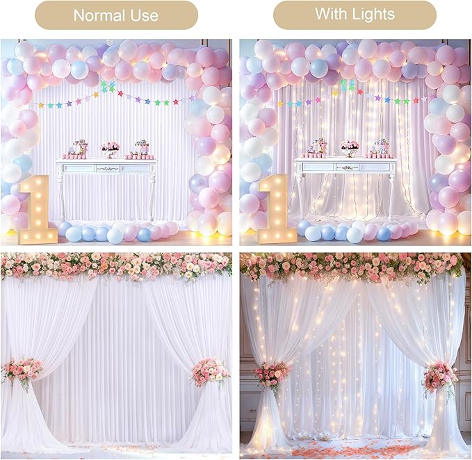 White Backdrop Curtains with Lights for Parties,10x10FT Wrinkle Free Wedding Photo Backdrop Curatin Drapes Fabric for Baby Shower Birthday Ceremony Reception Home Party Decorations-5ft x 10ft,2 Panels