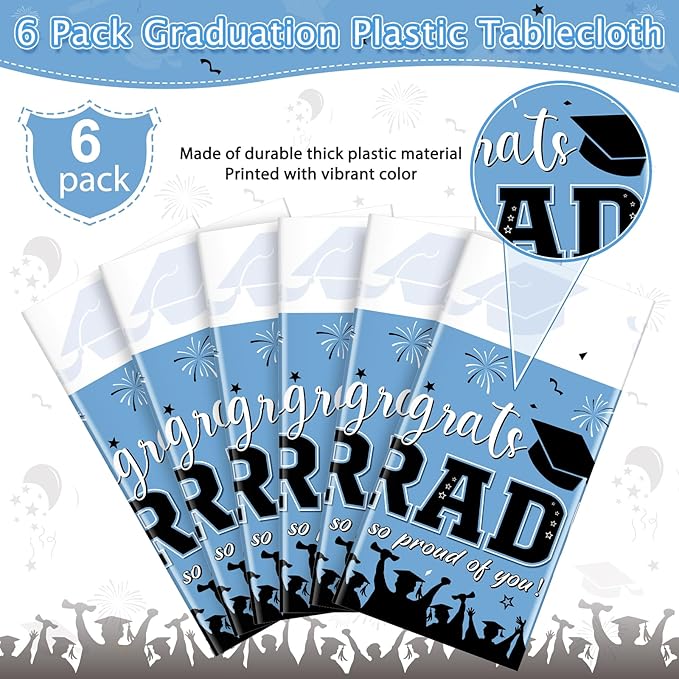 6 Pack Graduation Tablecloth Party Decorations, Class 2026 Congrats Grad Plastic Tablecover Party Supplies, Light Blue Rectangle Graduation Table Decorations for College High School Party, 54x108 Inch