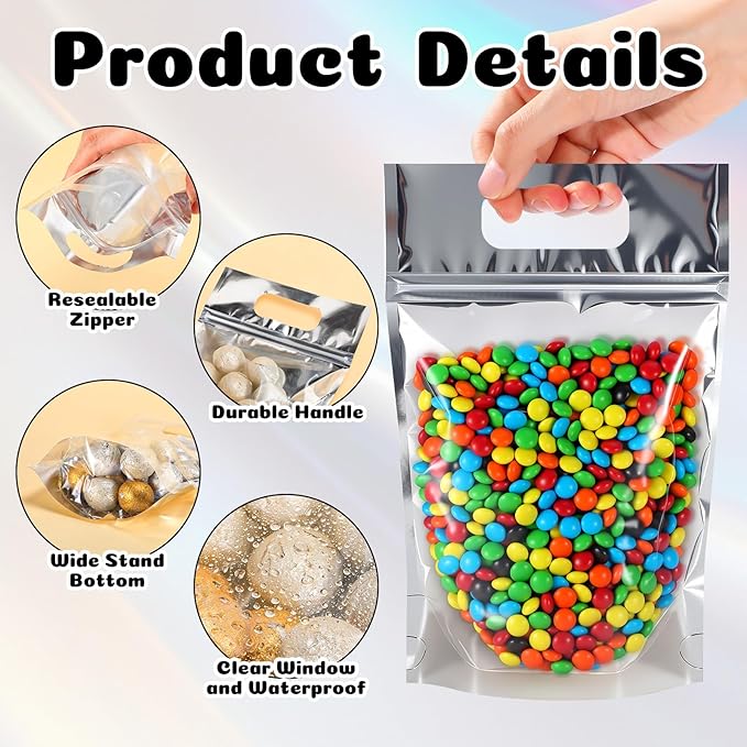 120 Pcs Plastic Gift Bag Bulk 5.5 x 8.7 Inch Resealable Party Goodie Bag with Clear Window Color Favor Pouch with Handle for Home Birthday Wedding Party Candy Gift Wrap Supply(Metallic)