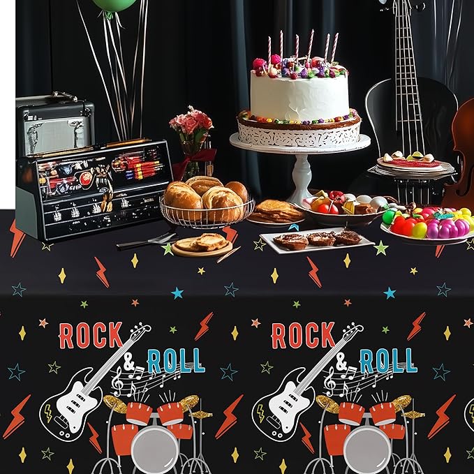 Rock and Roll Party Decorations Tablecloth, 3pcs Disposable Rockstar Music Guitar Theme Rock n Roll Party Supplies Tablecover for Birthday Baby Shower, 86in x 55in